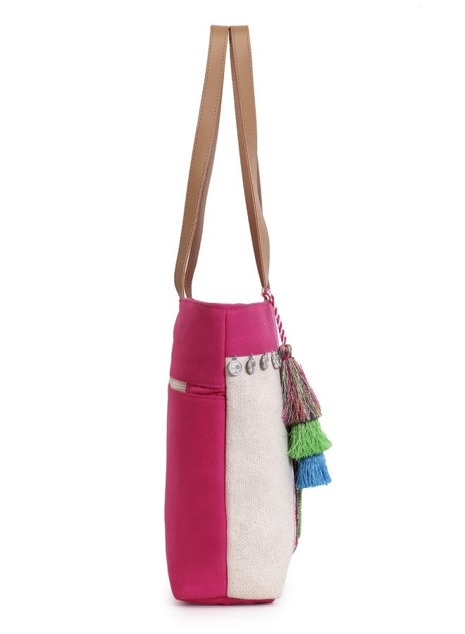 Anekaant Boho Natural & Multicolor Cotton Jute Boho Embellished Tote Bag - Image 5